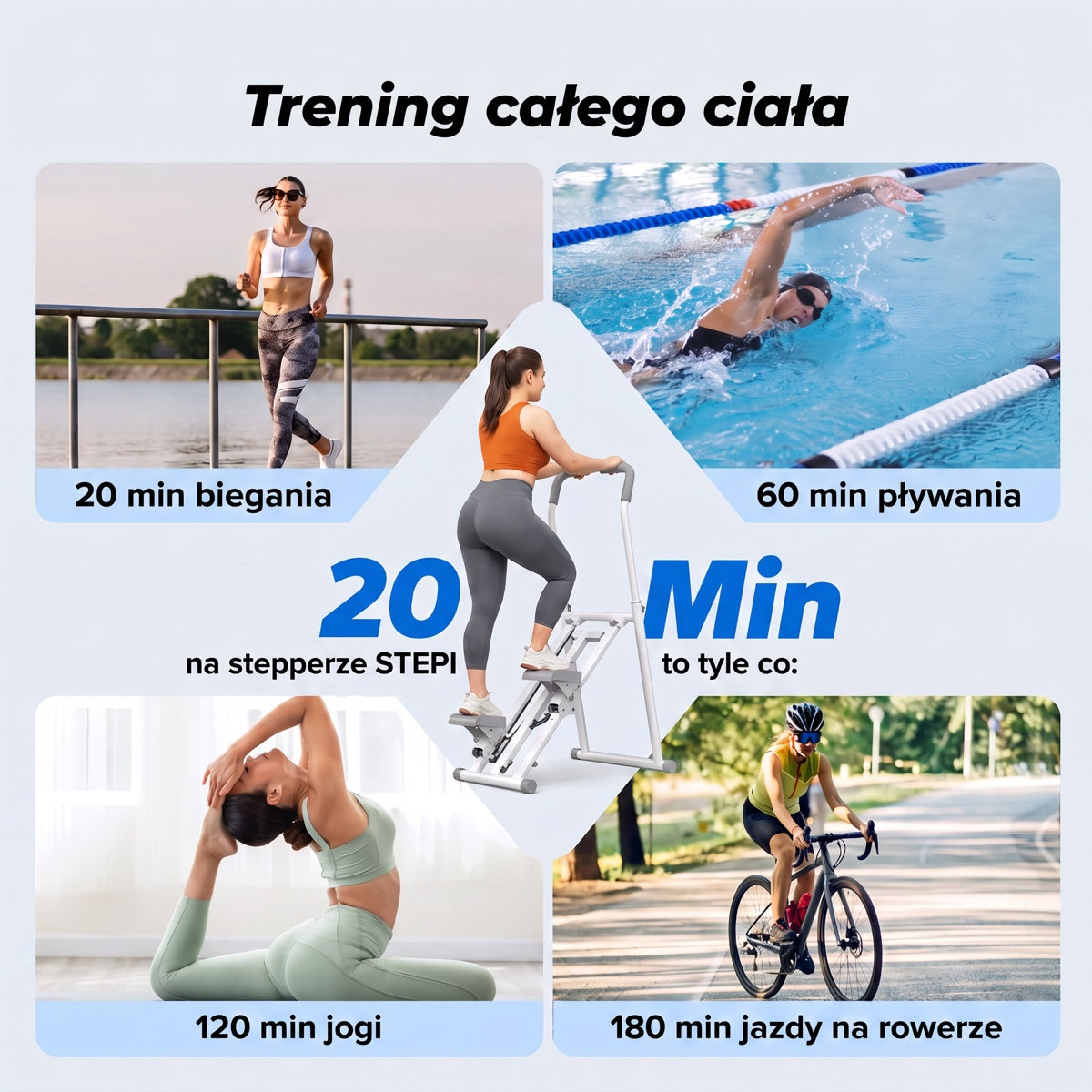 20 minut na stepperze STEPI w porównaniu z bieganiem, pływaniem, jogą i rowerem